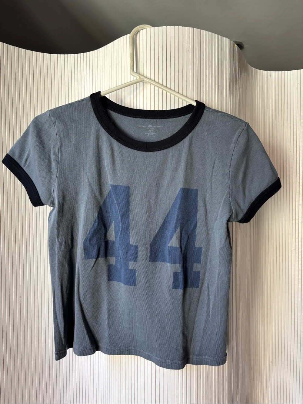 BRANDY MELVILLE Blue Gray Ringer Tee with Navy Trim and Number 44